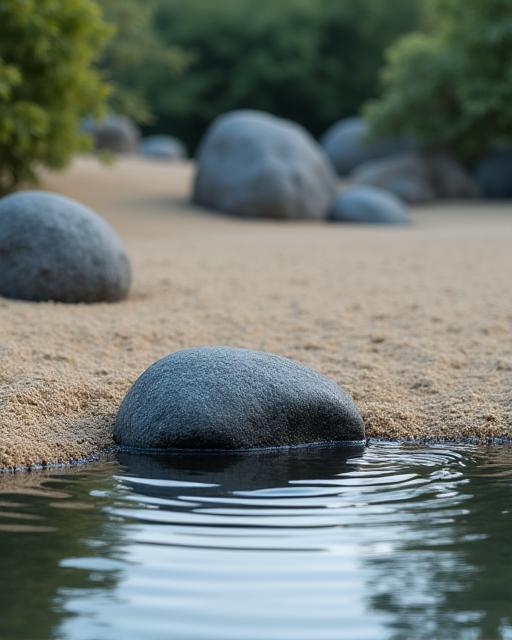 静かな禅の石庭に水の波紋が広がる様子